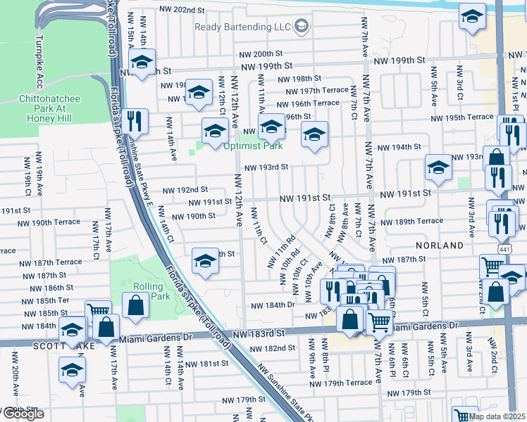 map of restaurants, bars, coffee shops, grocery stores, and more near 19000 Northwest 11th Avenue in Miami