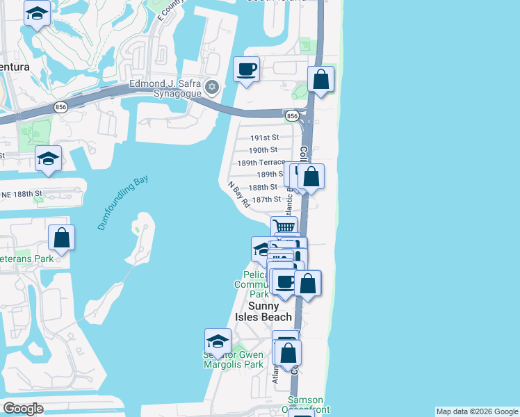 map of restaurants, bars, coffee shops, grocery stores, and more near 18600 North Bay Road in Sunny Isles Beach