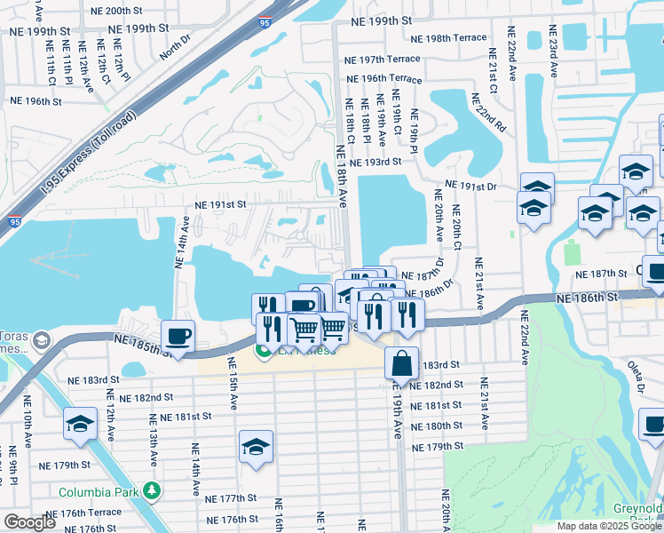 map of restaurants, bars, coffee shops, grocery stores, and more near 18746 Northeast 18th Avenue in Miami