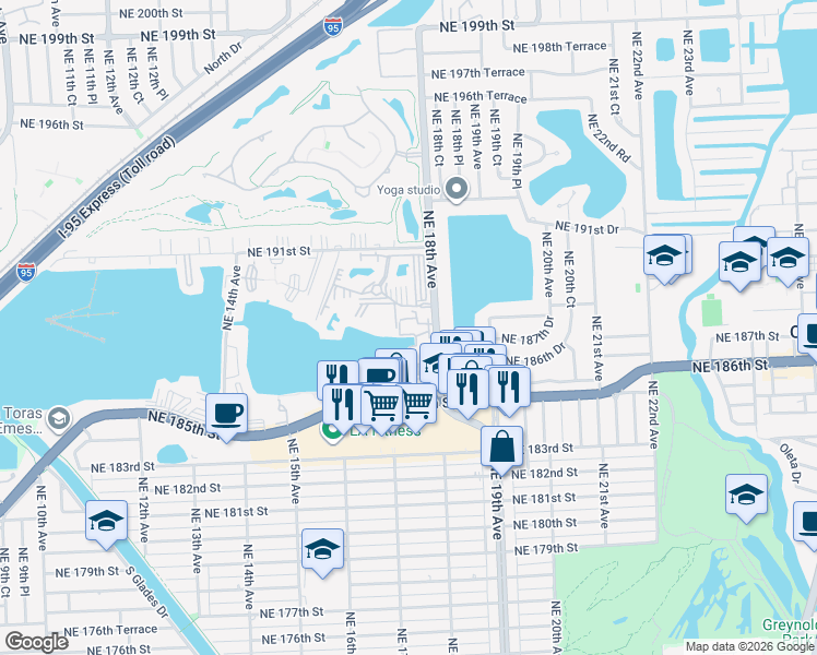 map of restaurants, bars, coffee shops, grocery stores, and more near 18746 Northeast 18th Avenue in Miami
