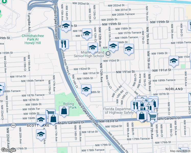 map of restaurants, bars, coffee shops, grocery stores, and more near 1251 Northwest 190th Street in Miami