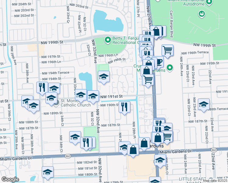 map of restaurants, bars, coffee shops, grocery stores, and more near 2993 Northwest 191st Terrace in Miami Gardens