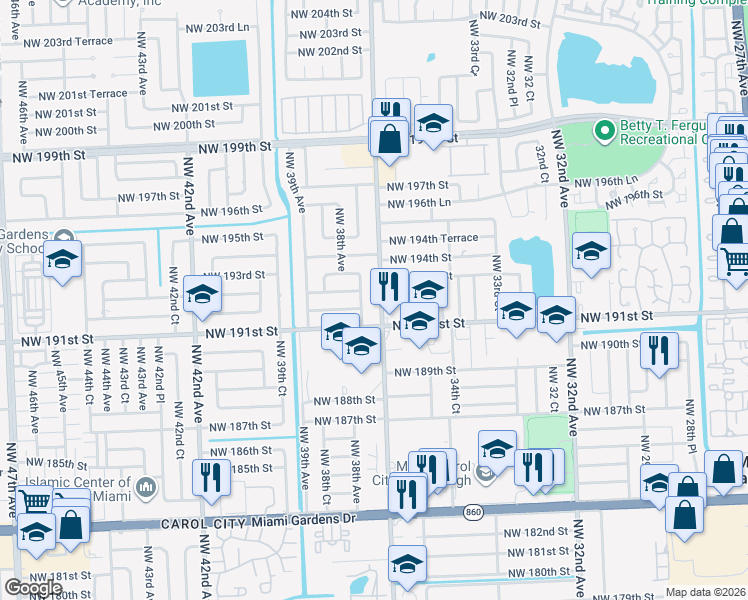 map of restaurants, bars, coffee shops, grocery stores, and more near 19200 Northwest 37th Avenue in Miami Gardens