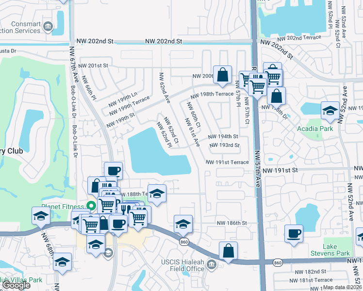 map of restaurants, bars, coffee shops, grocery stores, and more near 19425 Northwest 62nd Court in Hialeah