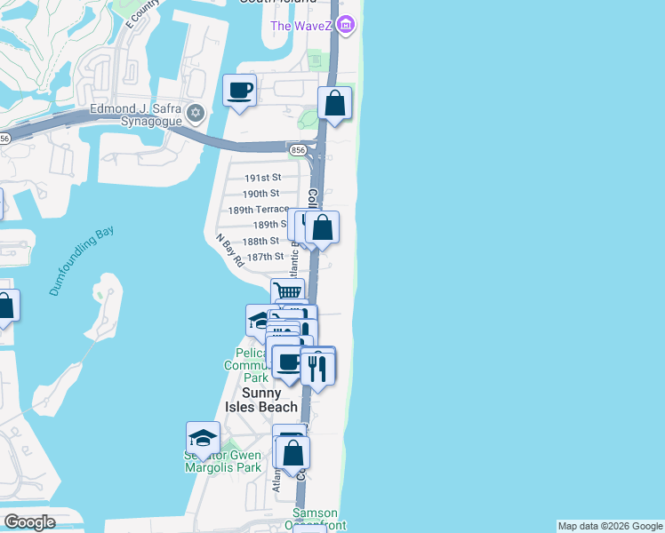 map of restaurants, bars, coffee shops, grocery stores, and more near 18671 Collins Avenue in Sunny Isles Beach