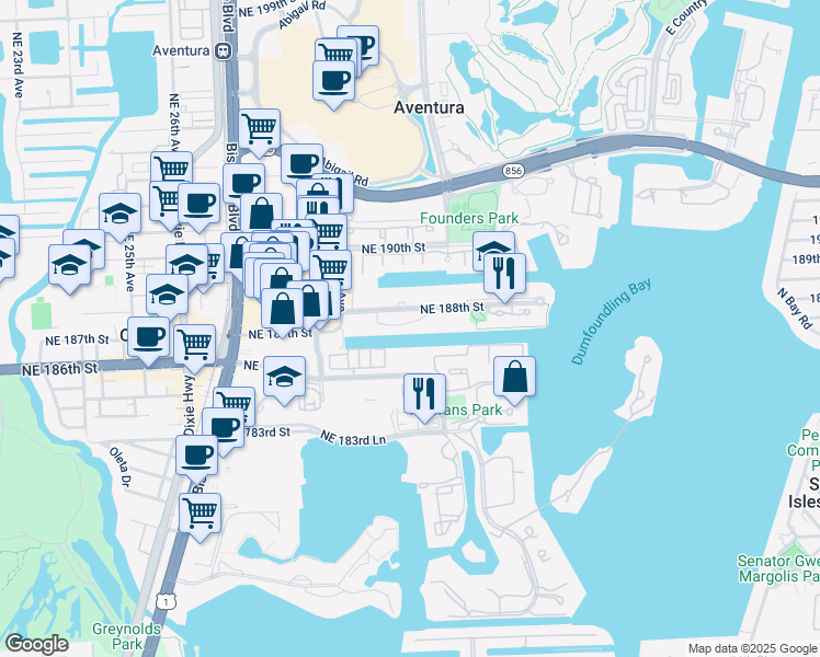 map of restaurants, bars, coffee shops, grocery stores, and more near 2950 Northeast 188th Street in Aventura