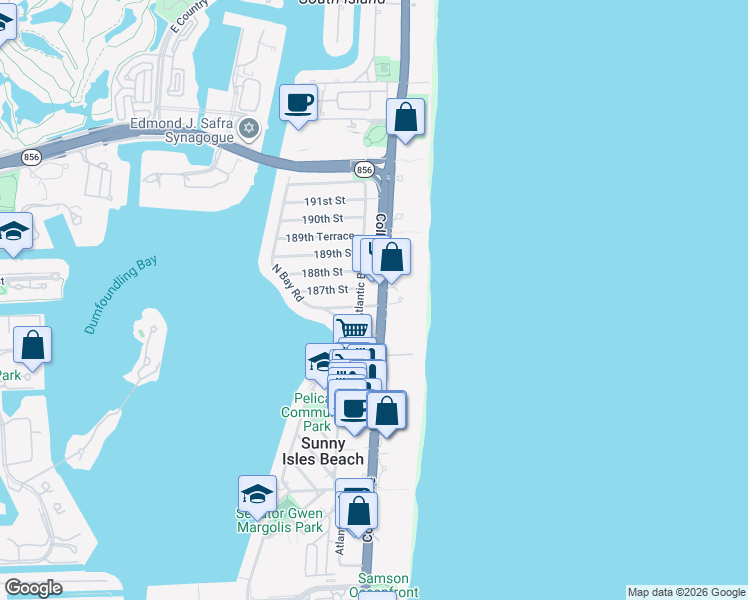 map of restaurants, bars, coffee shops, grocery stores, and more near 18600 Collins Avenue in Sunny Isles Beach