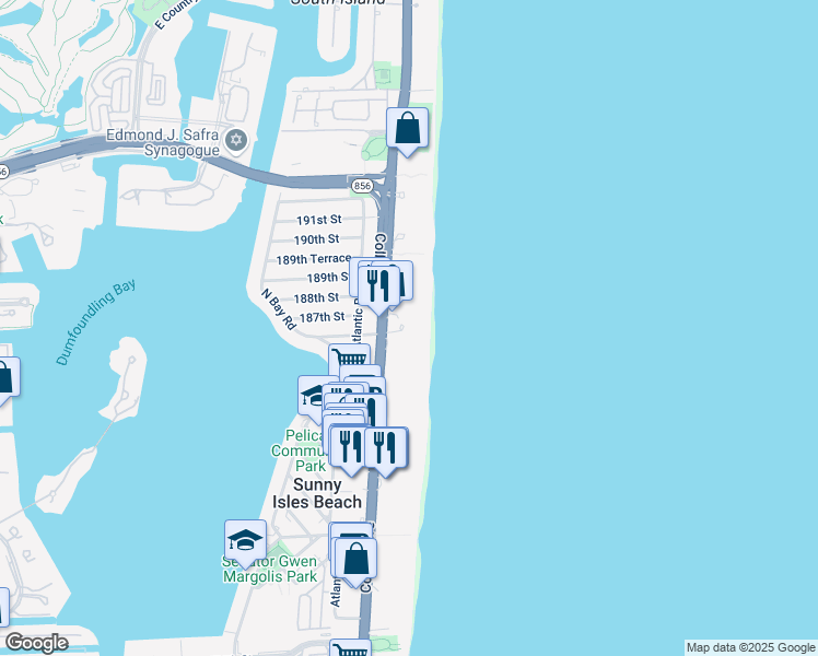 map of restaurants, bars, coffee shops, grocery stores, and more near 18671 Collins Avenue in Sunny Isles Beach