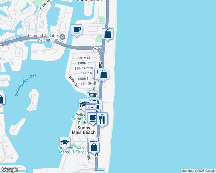 map of restaurants, bars, coffee shops, grocery stores, and more near 18671 Collins Avenue in Sunny Isles Beach
