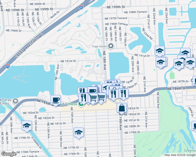 map of restaurants, bars, coffee shops, grocery stores, and more near 18746 Northeast 18th Avenue in Miami
