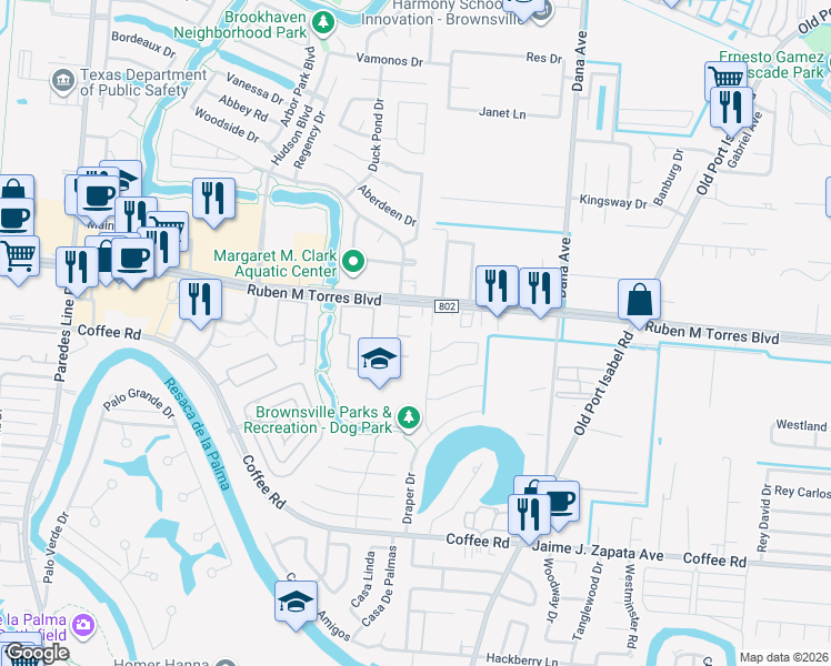 map of restaurants, bars, coffee shops, grocery stores, and more near 232-298 Downs Dr in Brownsville