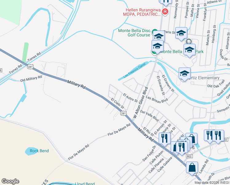 map of restaurants, bars, coffee shops, grocery stores, and more near 1701 Las Nubes in Brownsville