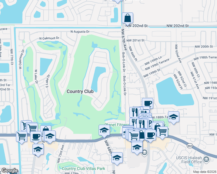 map of restaurants, bars, coffee shops, grocery stores, and more near 19245 East Saint Andrews Drive in Hialeah