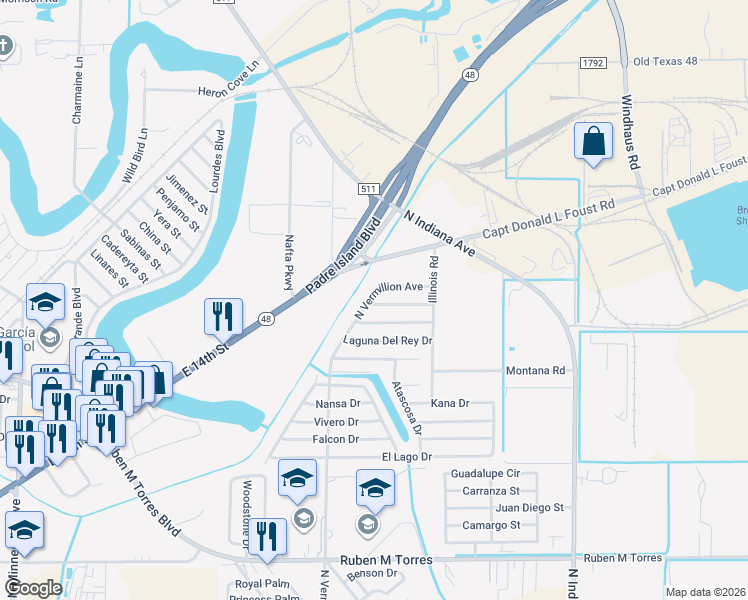 map of restaurants, bars, coffee shops, grocery stores, and more near 2680-2738 North Vermillion Avenue in Brownsville