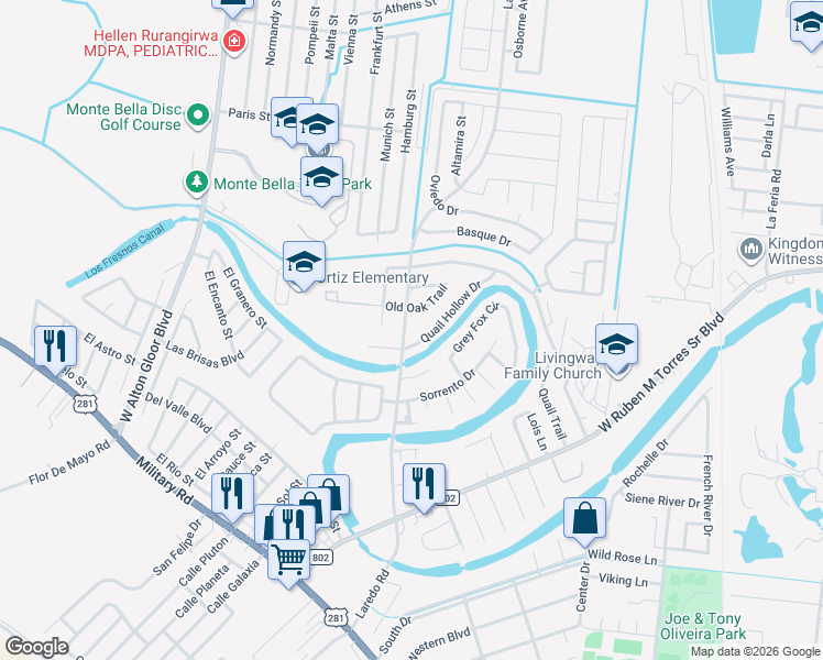 map of restaurants, bars, coffee shops, grocery stores, and more near 2666 Laredo Road in Brownsville