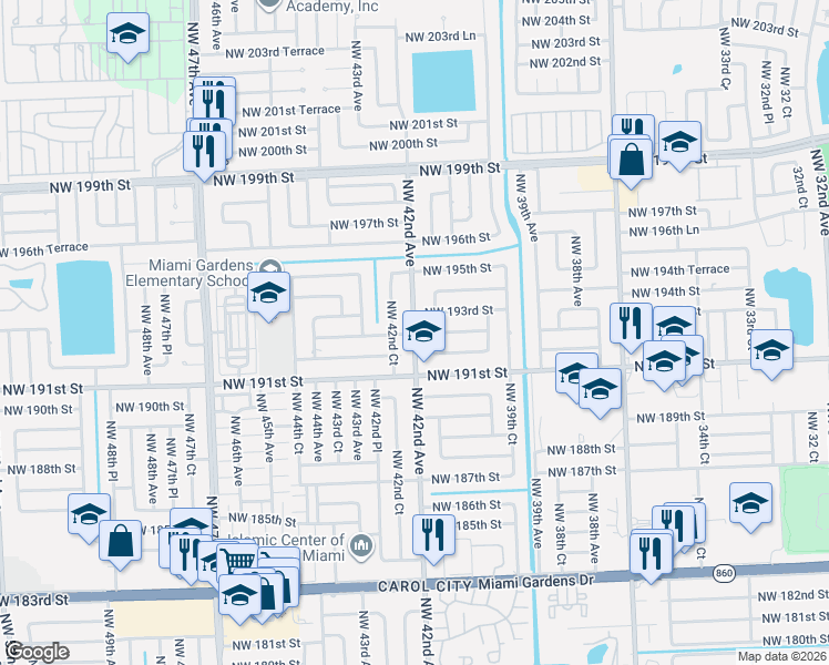 map of restaurants, bars, coffee shops, grocery stores, and more near 4120 Northwest 192nd Street in Miami Gardens
