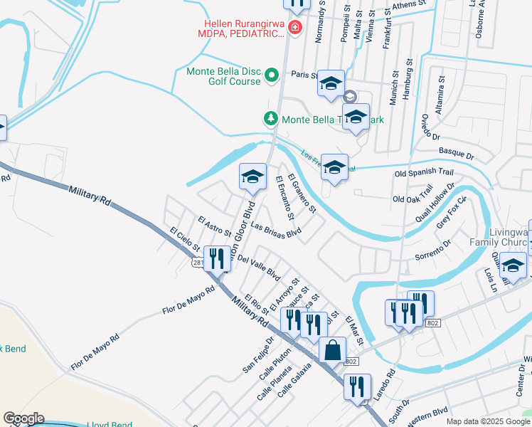 map of restaurants, bars, coffee shops, grocery stores, and more near 2402 El Portal Street in Brownsville