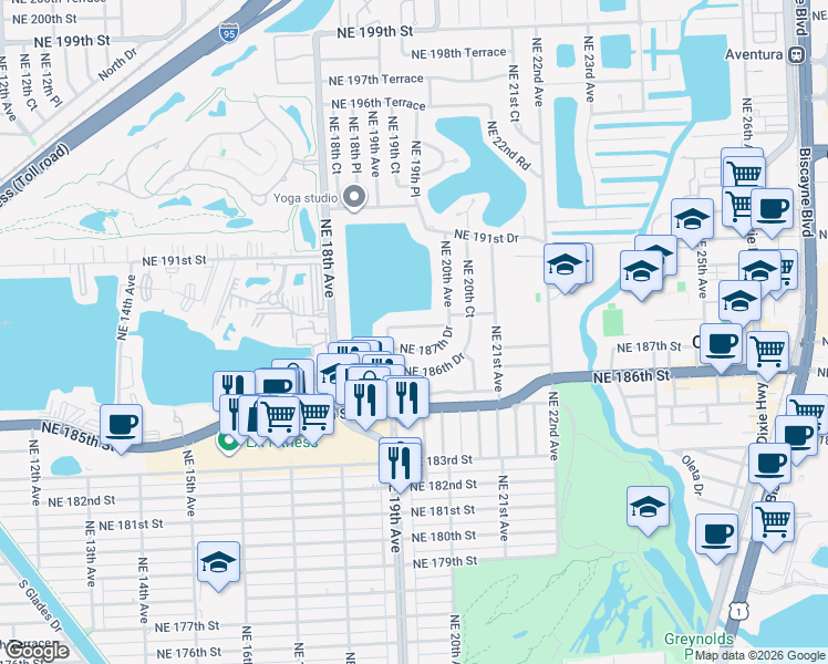 map of restaurants, bars, coffee shops, grocery stores, and more near 1981 Northeast 187th Drive in North Miami Beach