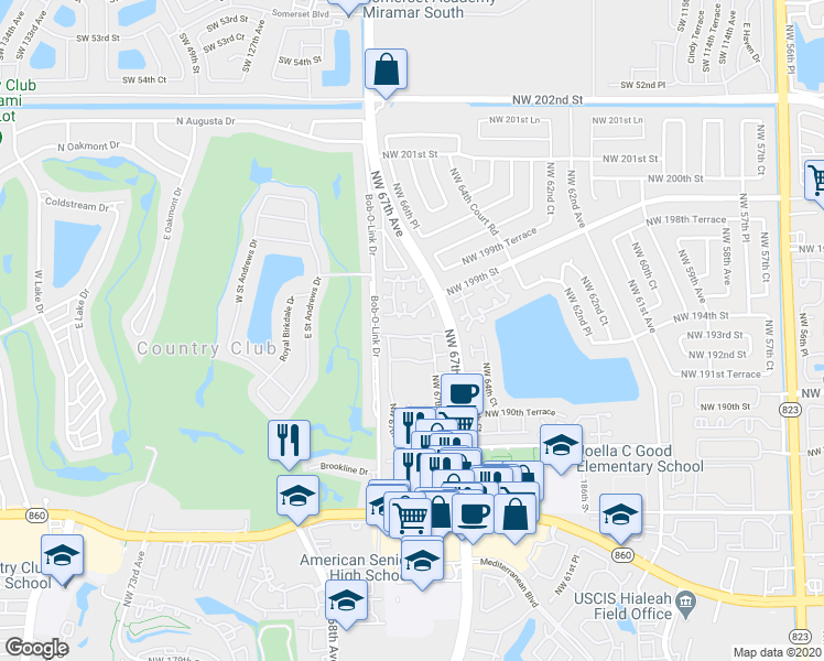 map of restaurants, bars, coffee shops, grocery stores, and more near 6724 Northwest 193rd Terrace in Hialeah