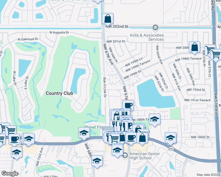 map of restaurants, bars, coffee shops, grocery stores, and more near 19342 Northwest 67th Place in Hialeah
