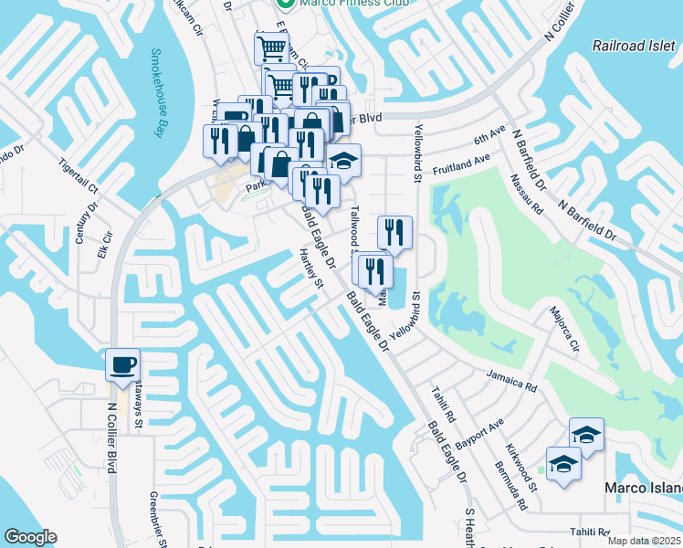 map of restaurants, bars, coffee shops, grocery stores, and more near 407 Bald Eagle Drive in Marco Island