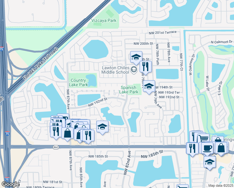 map of restaurants, bars, coffee shops, grocery stores, and more near 8236 Northwest 192nd Terrace in Hialeah