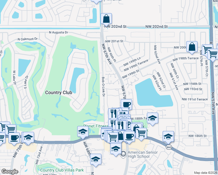 map of restaurants, bars, coffee shops, grocery stores, and more near 19342 Northwest 67th Place in Hialeah