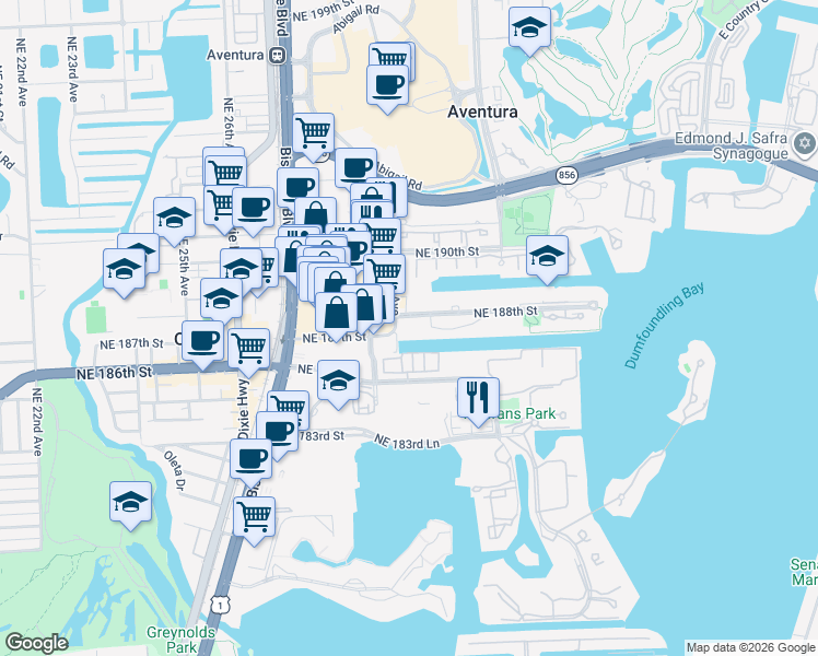 map of restaurants, bars, coffee shops, grocery stores, and more near 2900 Northeast 188th Street in Miami