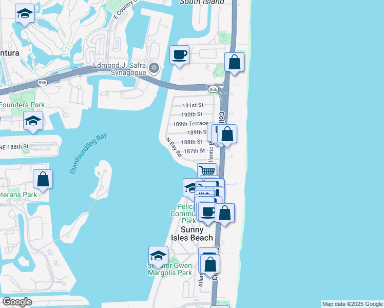 map of restaurants, bars, coffee shops, grocery stores, and more near 18600 North Bay Road in Sunny Isles Beach
