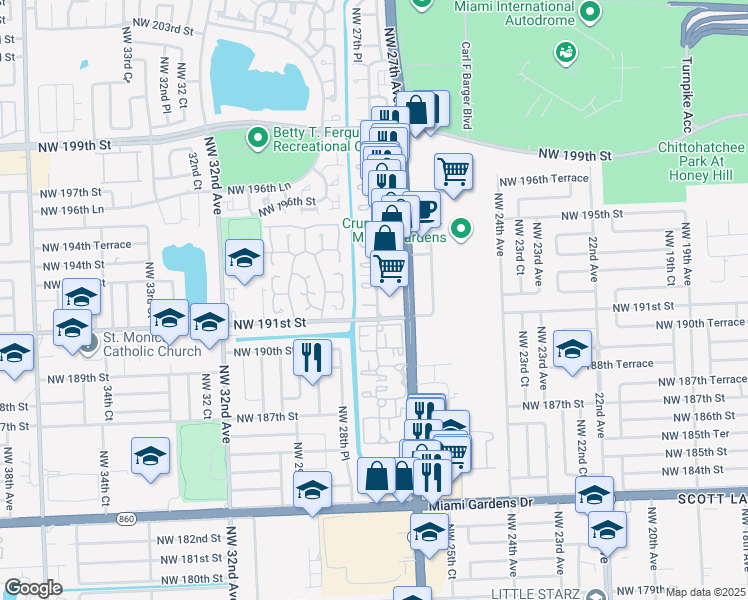 map of restaurants, bars, coffee shops, grocery stores, and more near 2754 Northwest 191st Terrace in Miami Gardens