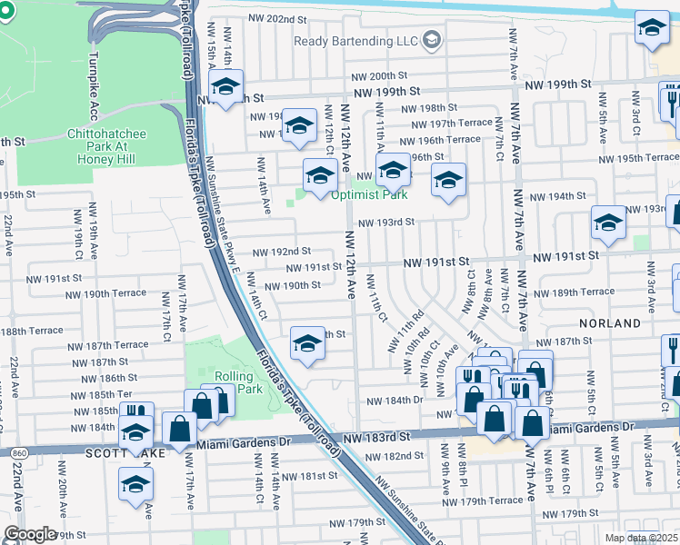map of restaurants, bars, coffee shops, grocery stores, and more near in Miami Gardens