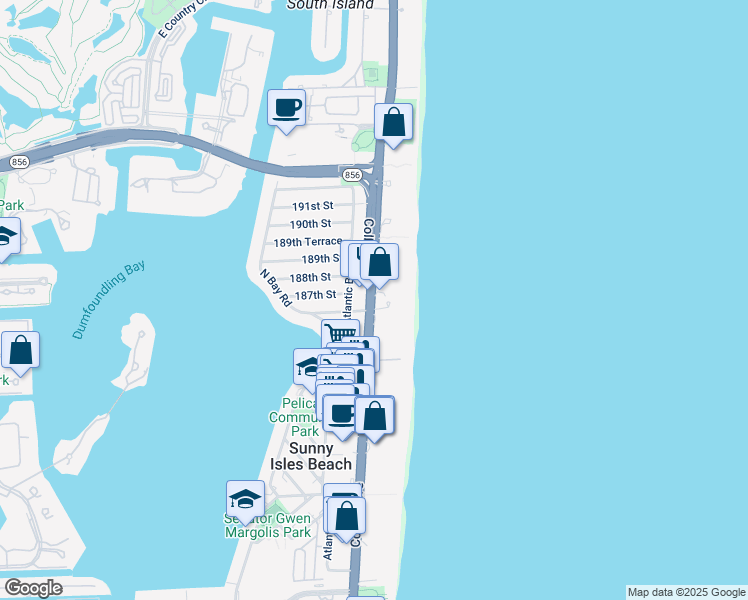 map of restaurants, bars, coffee shops, grocery stores, and more near 18600 Collins Avenue in Sunny Isles Beach