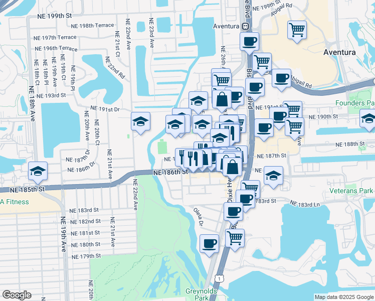 map of restaurants, bars, coffee shops, grocery stores, and more near 2401 Northeast 187th Street in Miami