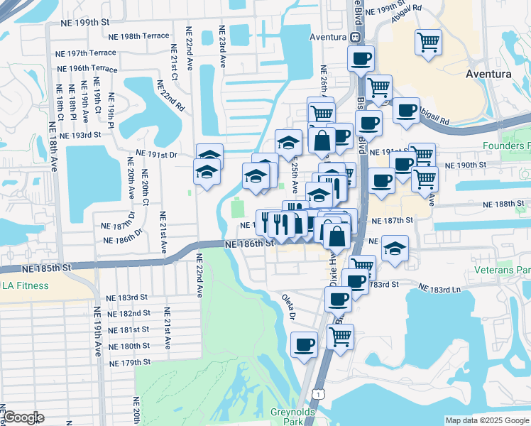 map of restaurants, bars, coffee shops, grocery stores, and more near 2401 Northeast 187th Street in Miami