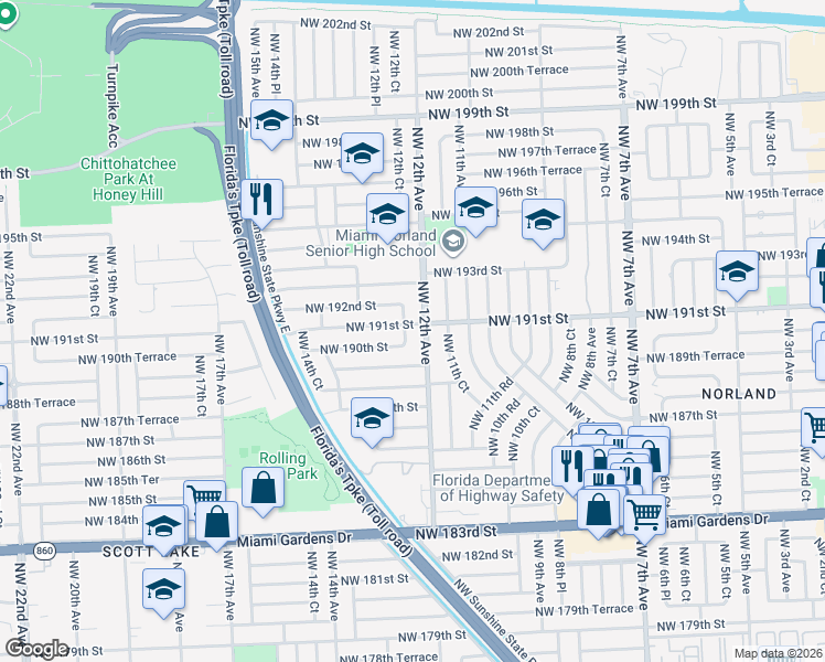 map of restaurants, bars, coffee shops, grocery stores, and more near in Miami Gardens