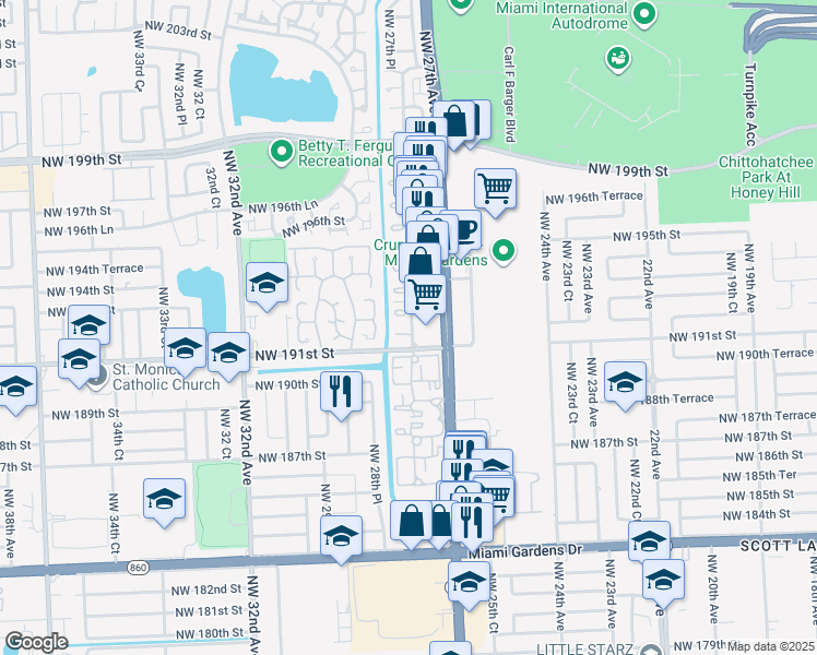 map of restaurants, bars, coffee shops, grocery stores, and more near 2754 Northwest 191st Terrace in Miami Gardens