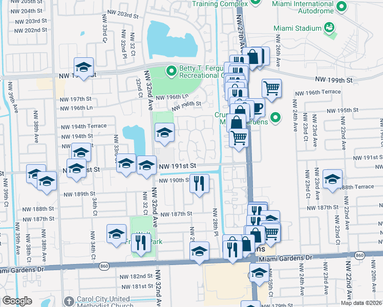 map of restaurants, bars, coffee shops, grocery stores, and more near 2916 Northwest 191st Lane in Miami Gardens