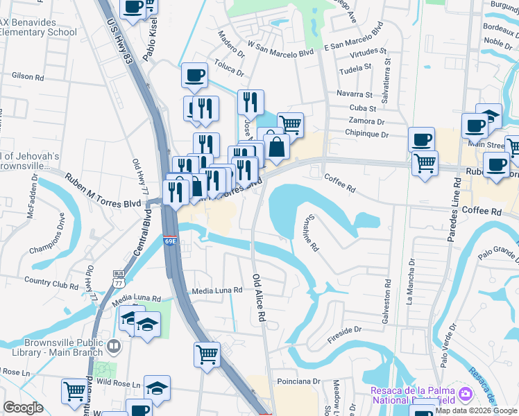 map of restaurants, bars, coffee shops, grocery stores, and more near 3005 Old Alice Road in Brownsville
