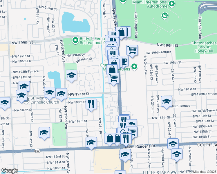map of restaurants, bars, coffee shops, grocery stores, and more near 2754 Northwest 191st Terrace in Miami Gardens