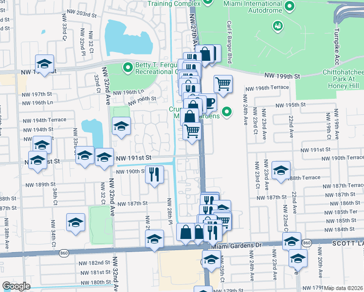 map of restaurants, bars, coffee shops, grocery stores, and more near 2754 Northwest 191st Terrace in Miami Gardens