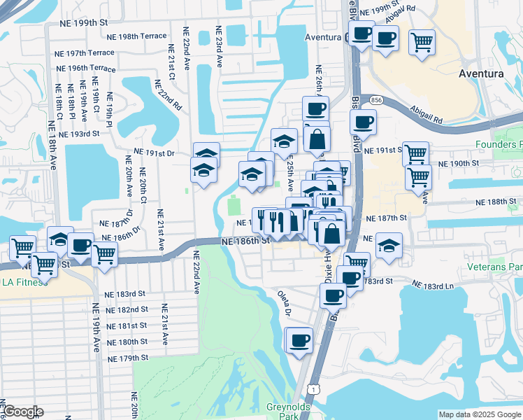 map of restaurants, bars, coffee shops, grocery stores, and more near 2401 Northeast 187th Street in Miami