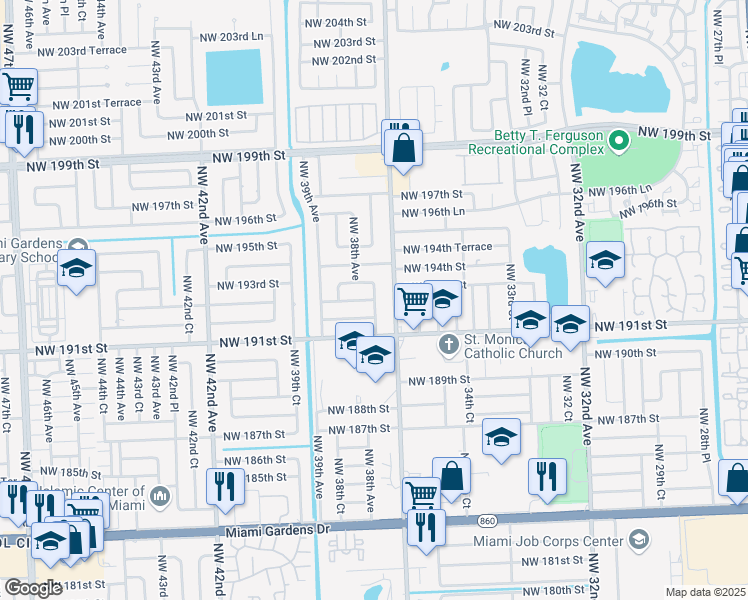 map of restaurants, bars, coffee shops, grocery stores, and more near 2910 Northwest 193rd Street in Opa-locka