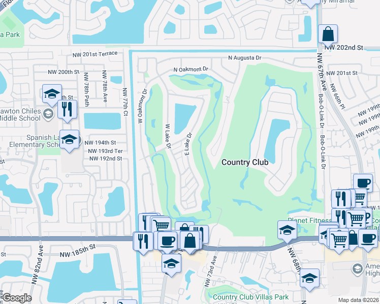 map of restaurants, bars, coffee shops, grocery stores, and more near 19224 East Lake Drive in Hialeah