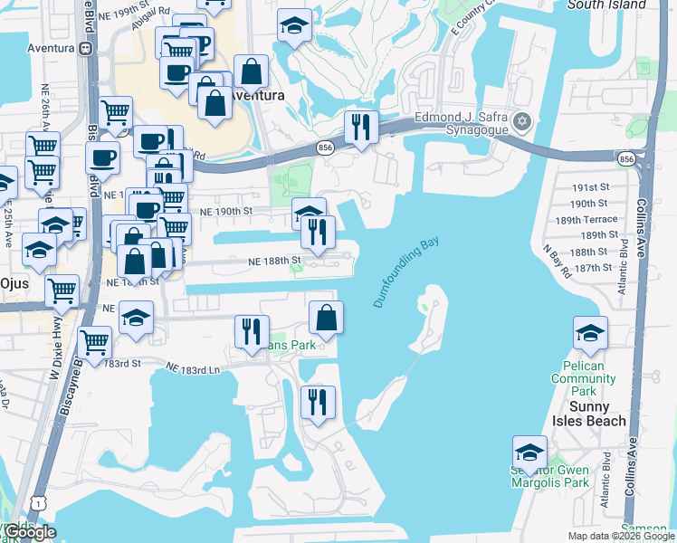 map of restaurants, bars, coffee shops, grocery stores, and more near 3300 Northeast 188th Street in Aventura