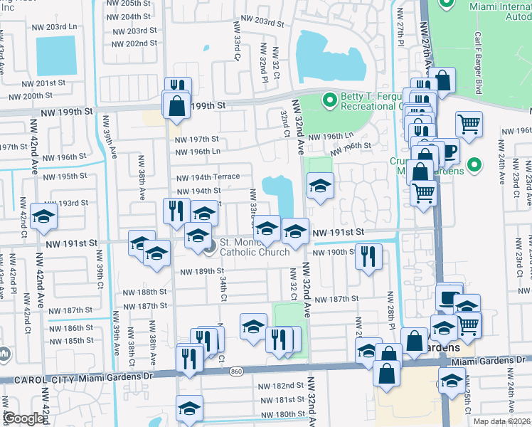 map of restaurants, bars, coffee shops, grocery stores, and more near 19164 Northwest 33rd Avenue in Miami Gardens