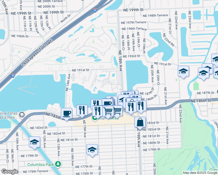 map of restaurants, bars, coffee shops, grocery stores, and more near 1750 Northeast 191st Street in North Miami Beach