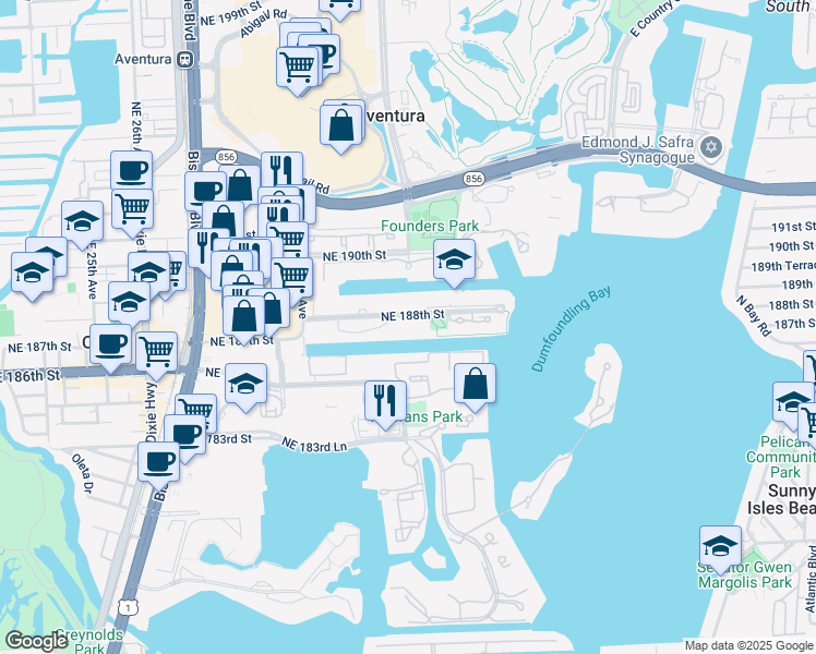 map of restaurants, bars, coffee shops, grocery stores, and more near 3020 Northeast 188th Street in Miami