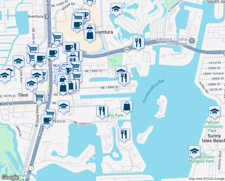 map of restaurants, bars, coffee shops, grocery stores, and more near 3030 Northeast 188th Street in Aventura