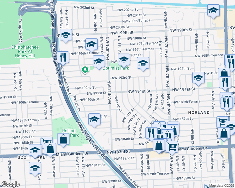 map of restaurants, bars, coffee shops, grocery stores, and more near 19000 Northwest 11th Avenue in Miami