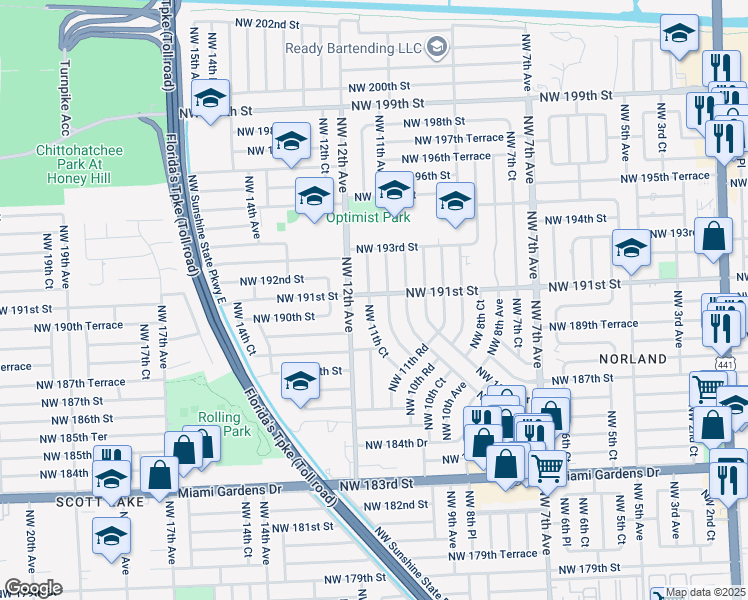map of restaurants, bars, coffee shops, grocery stores, and more near 19000 Northwest 11th Avenue in Miami